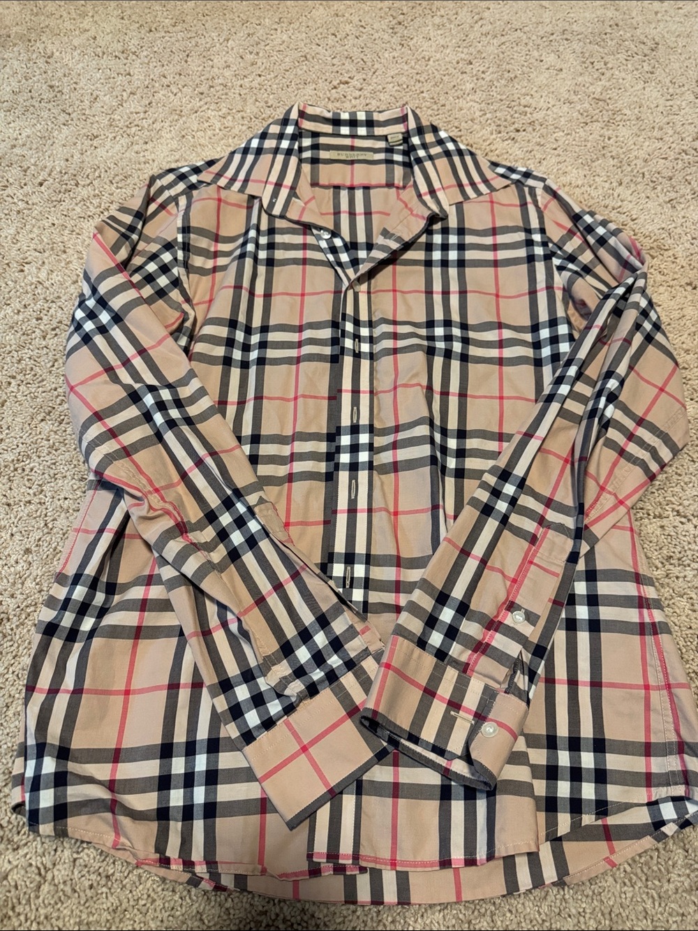 Authentic Burberry Button-Up Shirt in Beige, Black & Red
